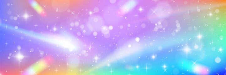 Naklejka premium Rainbow gradient background with unicorn sparkles and glittering bokeh. Dreamy princess backdrop with kawaii stars, magical watercolor effect and fairy tale atmosphere for fantasy childish designs.