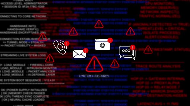 Alert: System lockdown warning. Cybersecurity defense and system protection from hackers, secure digital systems, cyberattack prevention. Digital security