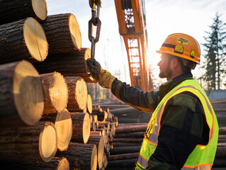 Worker handling timber logs at a lumber yard during sunset