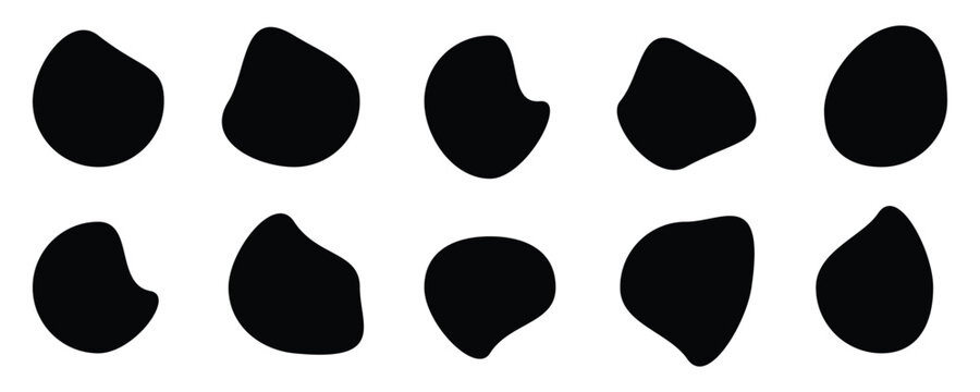 Abstract black irregular blob shapes set. Organic random liquid forms in flat style. Organic blob shape isolated on white background. An arrangement of black organic shapes.