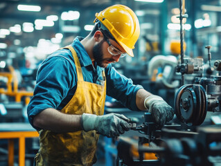A man wearing safety gear meticulously repairs a machine in a busy factory. The setting is filled with industrial equipment and vibrant working lights.