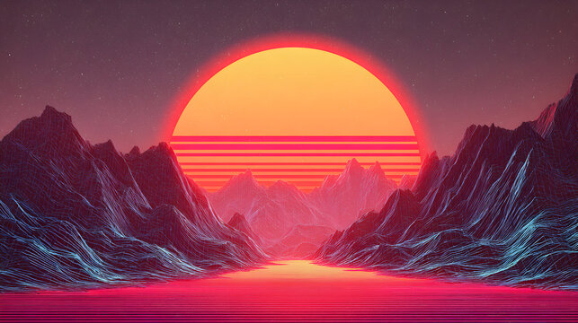 Vibrant sunset over mountain range - Powered by Adobe