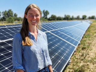 A woman stands proudly beside rows of solar panels under a clear blue sky. She displays a warm smile, showcasing her enthusiasm for renewable energy solutions in agriculture.