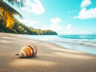 A beautiful seashell lies on the soft sand of a tranquil beach. Lush green hills rise in the background, meeting the clear turquoise water on a sunny day with fluffy clouds.