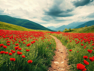 A winding dirt path cuts through a vibrant field of red poppies, surrounded by lush green grass and distant mountains under an overcast sky, creating a serene landscape.