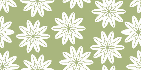 Seamless floral botanical daisy pattern on sage green background. Hand drawn flat vector illustration for textile print, wallpaper, gift wrap, stationery, digital paper