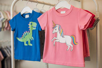 Blue children&rsquo;s shirt with dinosaur and pink children&rsquo;s shirt with unicorn, illustrating gender stereotypes through iconic children&rsquo;s motifs