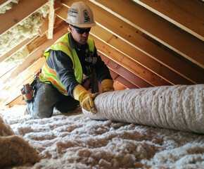 Worker installing insulation in residential attic during dayligh