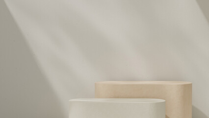 Beige 3D podium background with minimal design, soft lighting, and cylindrical platforms for product display, cosmetic mockup, skincare branding, luxury presentation, and modern advertising.
