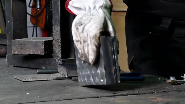 A worker shows a welded metal part. The welding seams are fresh.