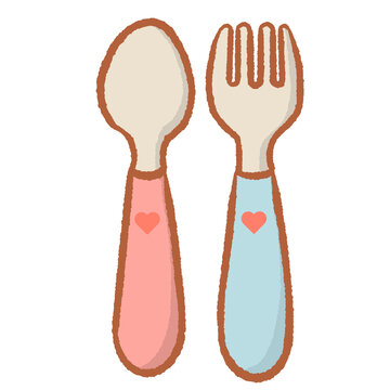 Cute spoon and fork set with pink and blue handles and heart details adorable kitchen utensil illustration for baby shower invitations cafe branding and restaurant decor