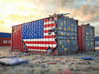 Deteriorating shipping containers with American and European fla