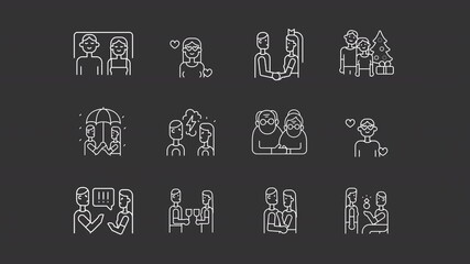 Romance animation set. Family life animated white line icons. Relationship marriage. engagement proposal. Couple hugging. Isolated elements on dark background. Alpha channel HD video