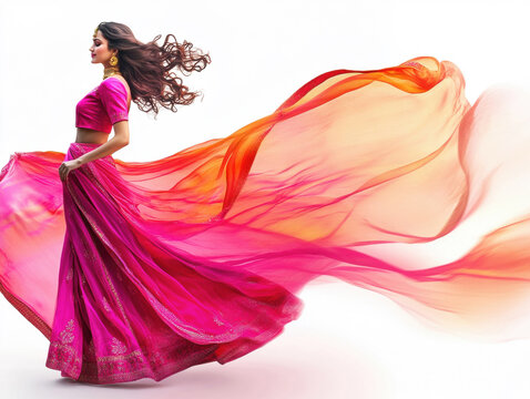 A woman gracefully spins in a bright pink dress, showcasing elegant flowing fabric in a lively outdoor setting. Her hair dances in the wind as she exudes confidence and joy.