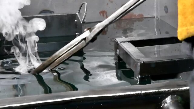 Cooling of the part in water after welding. The worker lowers the welded part into the liquid.