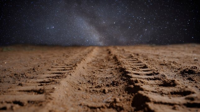 Tire tracks are imprinted in the dry earth under a vast star filled night sky evoking a sense of journey and solitude - Powered by Adobe