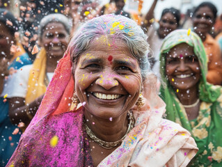 Women joyfully celebrate a vibrant festival, wearing colorful attire and adorned with bright powders. Laughter and cheer fill the air as they come together in a moment of happiness.