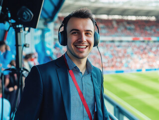 A commentator stands in a stadium with headphones on, smiling at the camera. He is dressed in a blazer and is ready to cover an upcoming sports event amid a lively crowd.