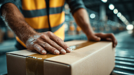Warehouse worker sealing cardboard package with tape on production line for efficient logistics and shipping operations