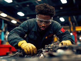 A focused technician is working on machinery in a bustling industrial setting. Wearing safety goggles and gloves, he meticulously handles tools and equipment.