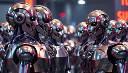 A legion of metallic robots stands ready for deployment,  robot soldiers,  robot deployment