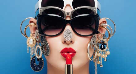 Glamorous Fashion Model with Bold Jewelry and Red Lipstick