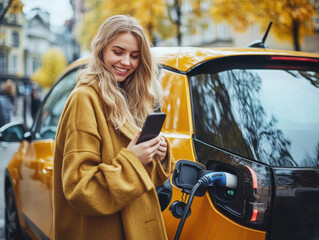 A young woman in a cozy yellow coat is smiling while checking her phone next to her electric vehicle, which is parked on a tree-lined street during autumn.