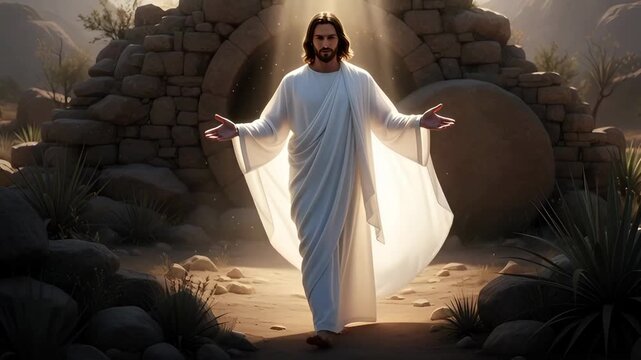 Jesus christ resurrected from tomb and standing with open arms, easter concept