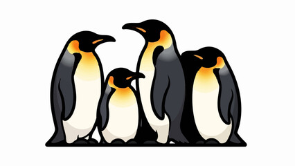 Obraz premium Four cartoon penguins, two adults and two chicks, stand close together on a white background