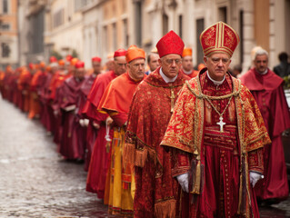 A group of cardinals dressed in red vestments marches along a cobblestone street in Rome. The solemn event showcases religious tradition in a picturesque urban setting.