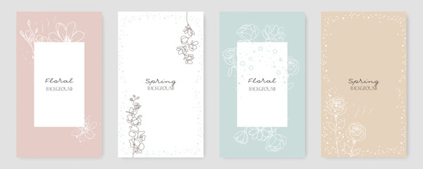 Naklejka premium Delicate Pastel Color Floral Cards Design. Spring Flowers Vector Backgrounds Set. Botanical Wallpaper Design. Line Art Flowers Banner Template for Spring Holiday Design, Banners, Cards, Web