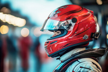 A focused race car driver in a striking red helmet stands in the pit area before a race. The background features blurred lights and team members, indicating an intense atmosphere.