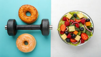 Visual metaphor for weight loss choices: unhealthy vs. healthy food, divided by the decisive action of exercise with a dumbbell.