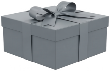 Grey matte gift box with tied ribbon and bow isolated on transparent background