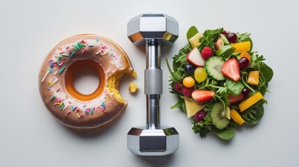 Visual metaphor for weight loss choices: unhealthy vs. healthy food, divided by the decisive action of exercise with a dumbbell.