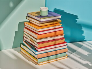 Stack of colorful hardcover books with a cup on blue-green background