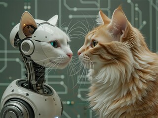 Robotic cat and real ginger cat face-to-face against a futuristic background