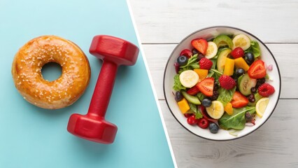 Visual metaphor for weight loss choices: unhealthy vs. healthy food, divided by the decisive action of exercise with a dumbbell.