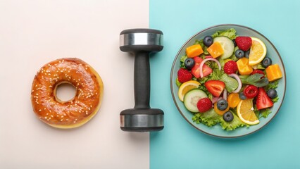 Visual metaphor for weight loss choices: unhealthy vs. healthy food, divided by the decisive action of exercise with a dumbbell.