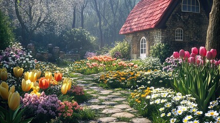 Charming stone cottage nestled in a vibrant flower garden.
