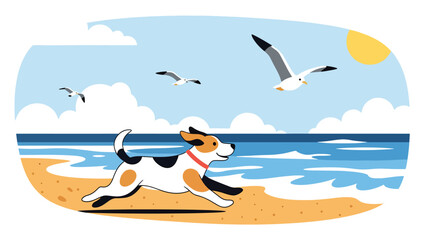 Flat vector illustration of a dog running along the beach, joyful seaside pet activity scene with waves, sand, and outdoor lifestyle atmosphere