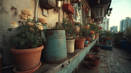 Balcony Corner with Clutter, Old Flower Pots and Plastic Containers, Plain Lighting, Casual Shooting Angle, Slight Crop and Tilt, No People