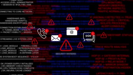 A digital screen interface displaying a critical security breach. Red alert warning of a cyber attack with malware and ransomware. Hacking data concept - Powered by Adobe