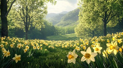 Vibrant daffodil field in a lush green valley with rolling hills.