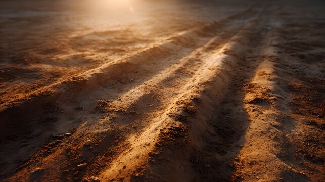 Parallel tire tracks etched into dusty earth under warm golden sunlight casting long shadows - Powered by Adobe