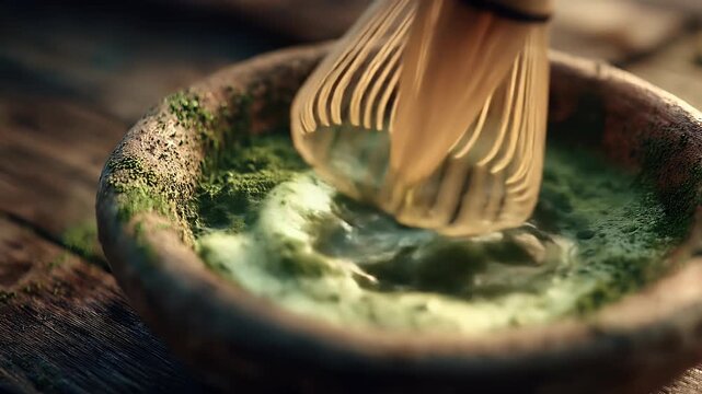 Vibrant matcha tea being whisked in a rustic wooden bowl with soft green color and delicate textures captured in warm natural lighting