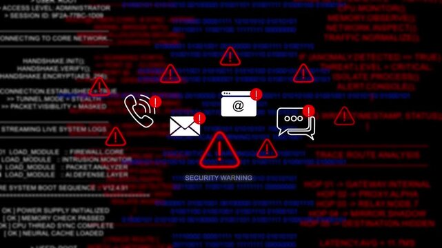 A digital screen interface displaying a critical security breach. Red alert warning of a cyber attack with malware and ransomware. Hacking data concept