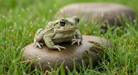 Obraz premium Frog Sitting on Rock in Green Grass.