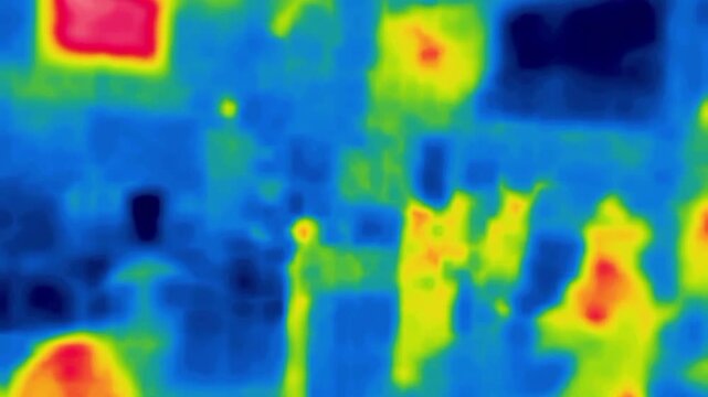 Driving through the streets of the city. Shooting from a car, taxi. Image from thermal imager device.
