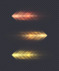 Three glowing chevron arrows moving horizontally with light trails and speed effects, conveying concepts of fast movement, energy, and digital technology on a transparent background